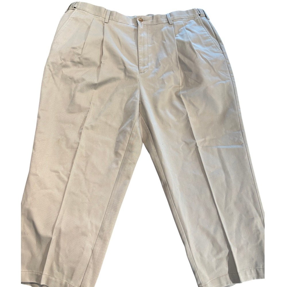 Mens Tan Pleated Front 100% Cotton Chino‎ Pants 44W x 25L (Hemmed)